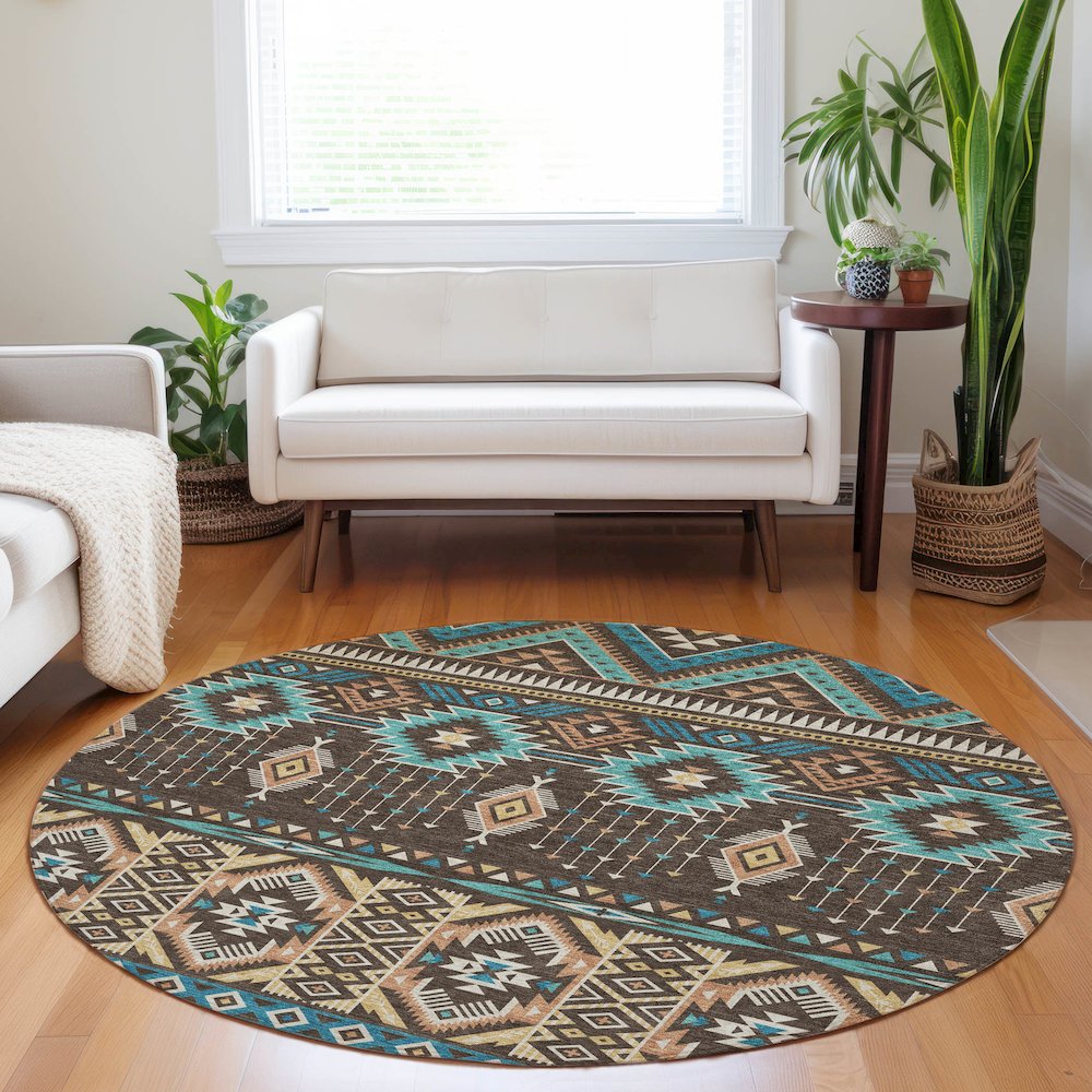 Machine Washable Indoor/Outdoor Chantille Brown 8' x 8' Round Rug. Picture 5