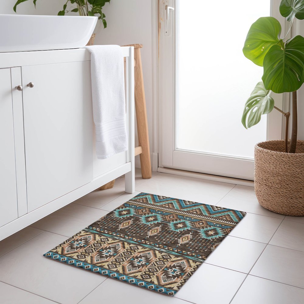 Machine Washable Indoor/Outdoor Chantille Brown 1'8" x 2'6" Rug. Picture 5