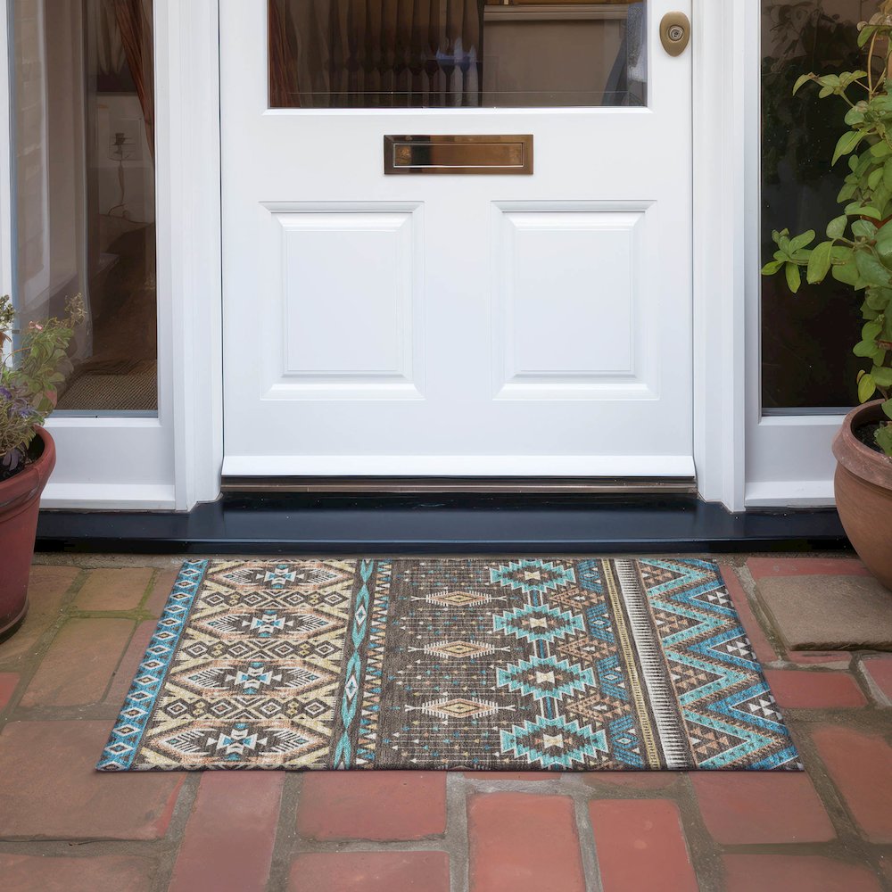 Machine Washable Indoor/Outdoor Chantille Brown 1'8" x 2'6" Rug. Picture 6