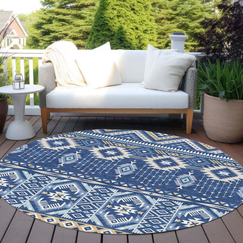 Machine Washable Indoor/Outdoor Chantille Navy 8' x 8' Round Rug. Picture 6