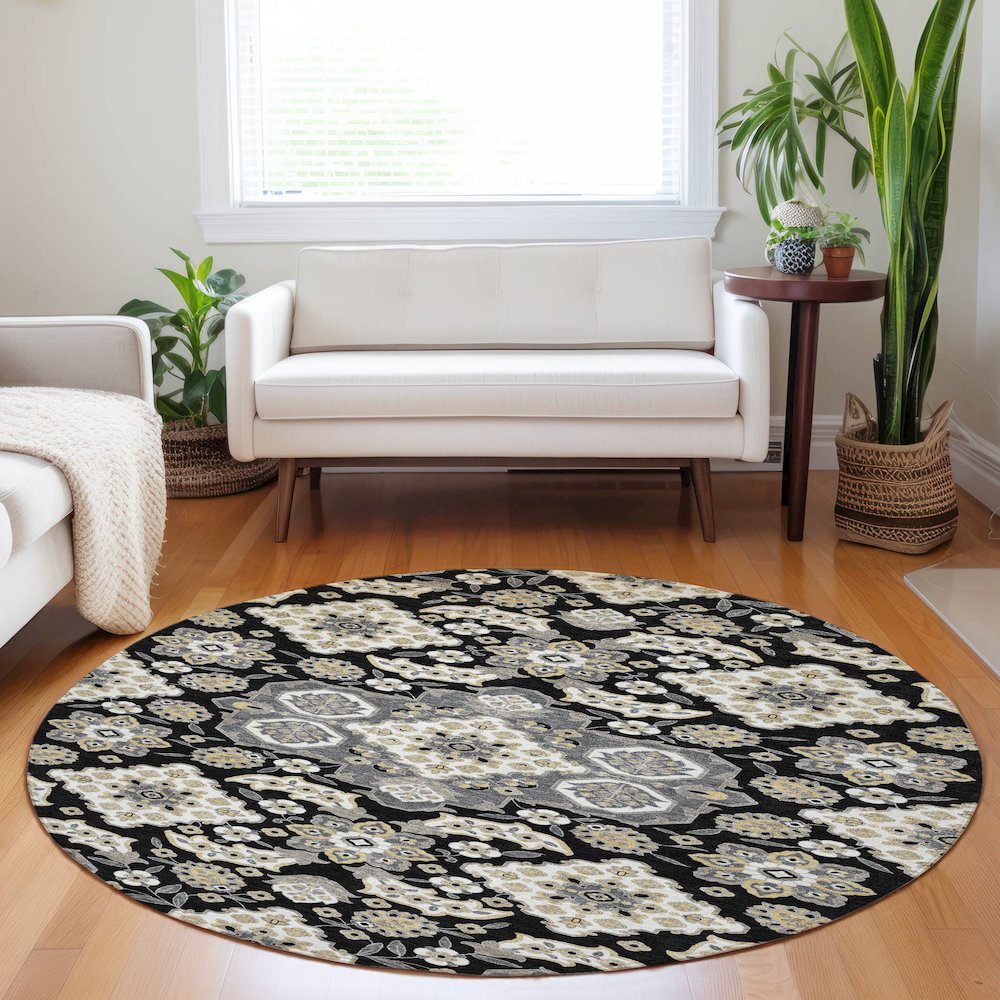 Machine Washable Indoor/Outdoor Chantille Black 8' x 8' Round Rug. Picture 5