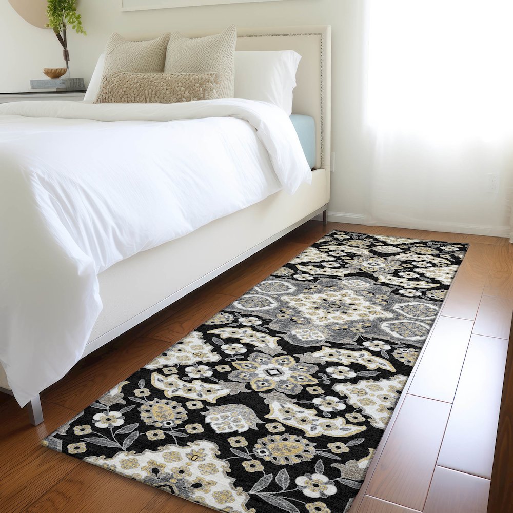 Machine Washable Indoor/Outdoor Chantille Black 2'3" x 7'6" Runner Rug. Picture 5