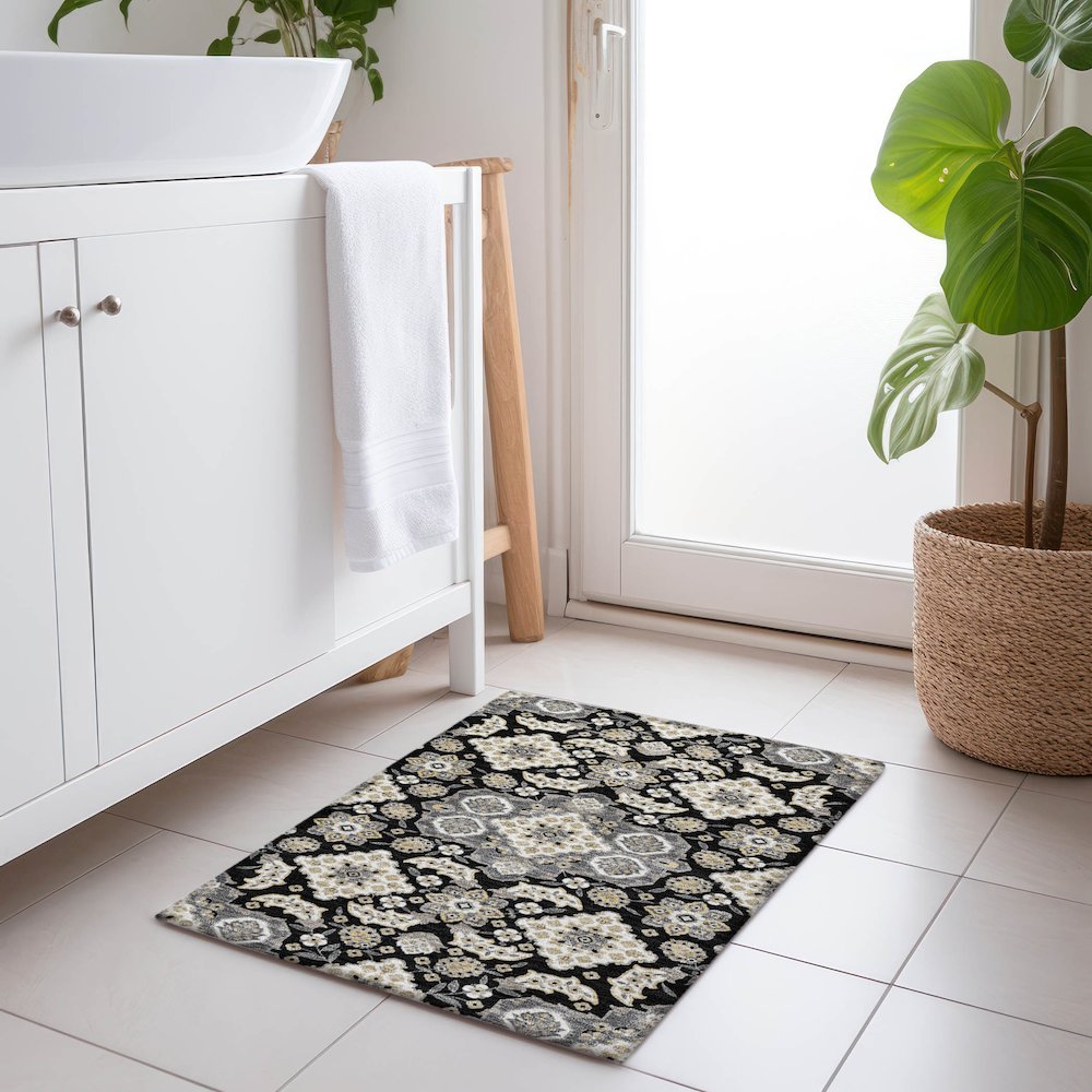 Machine Washable Indoor/Outdoor Chantille Black 1'8" x 2'6" Rug. Picture 5