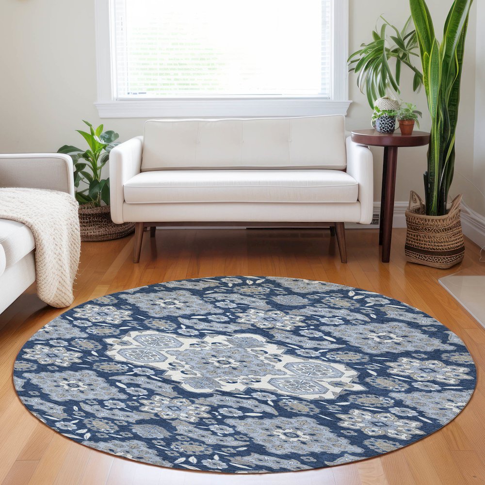 Machine Washable Indoor/Outdoor Chantille Blue 8' x 8' Round Rug. Picture 5