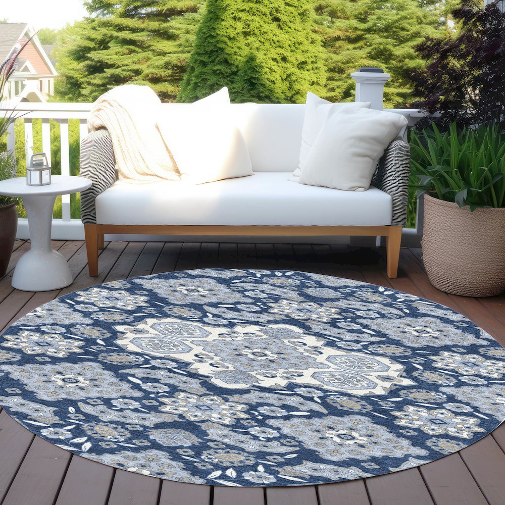Machine Washable Indoor/Outdoor Chantille Blue 8' x 8' Round Rug. Picture 6