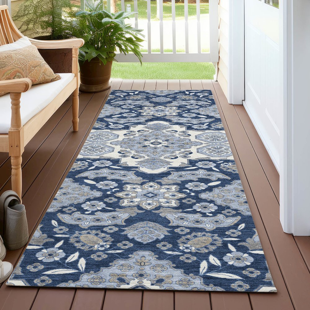Machine Washable Indoor/Outdoor Chantille Blue 2'3" x 7'6" Runner Rug. Picture 6