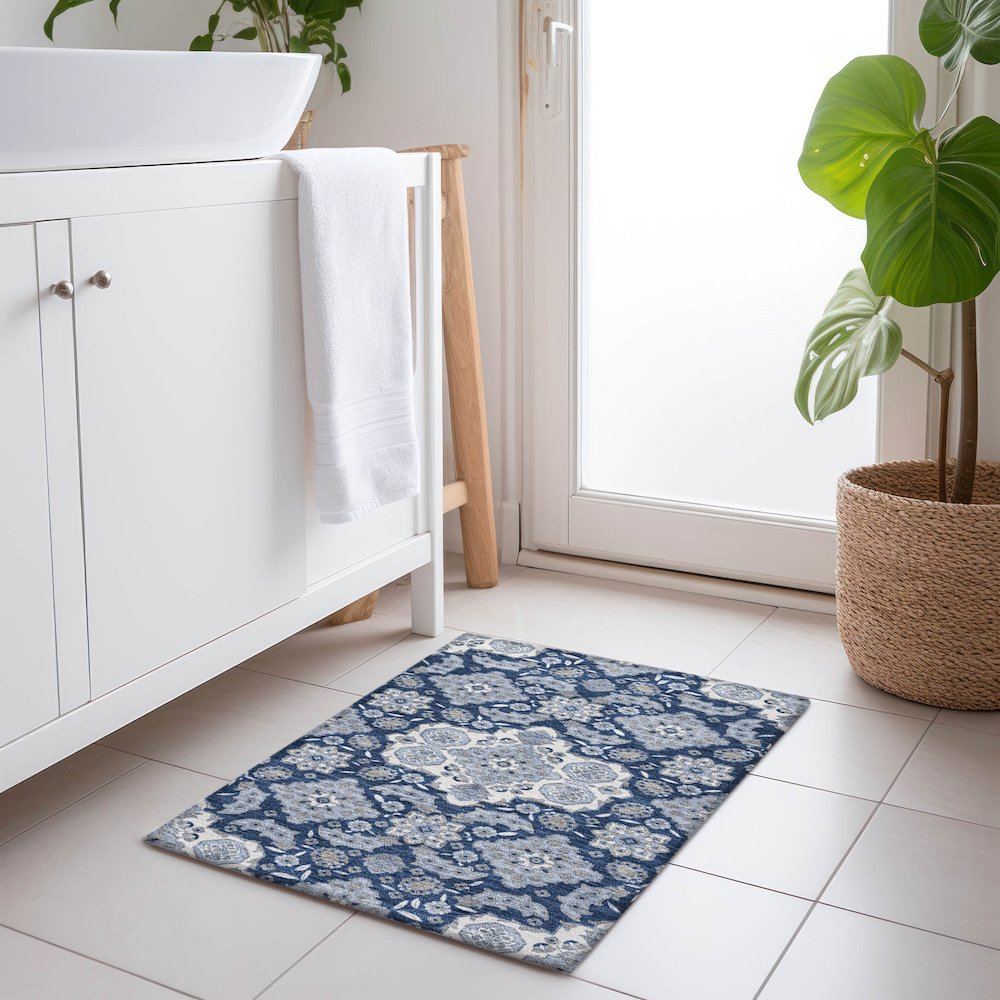 Machine Washable Indoor/Outdoor Chantille Blue 1'8" x 2'6" Rug. Picture 5