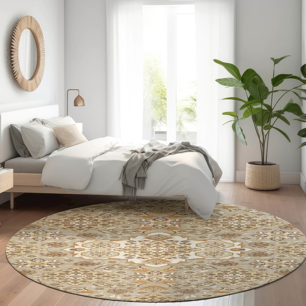 Machine Washable Indoor/Outdoor Chantille Taupe 8' x 8' Round Rug. Picture 5