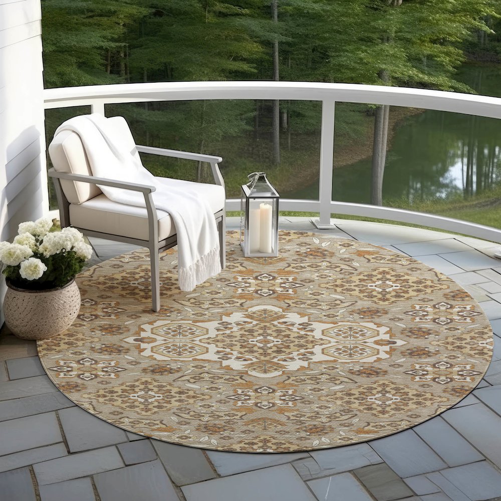 Machine Washable Indoor/Outdoor Chantille Taupe 8' x 8' Round Rug. Picture 6