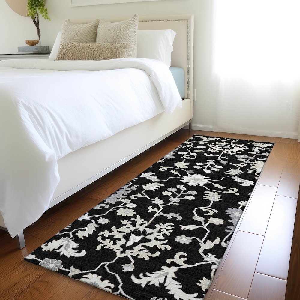 Machine Washable Indoor/Outdoor Chantille Black 2'3" x 7'6" Runner Rug. Picture 5