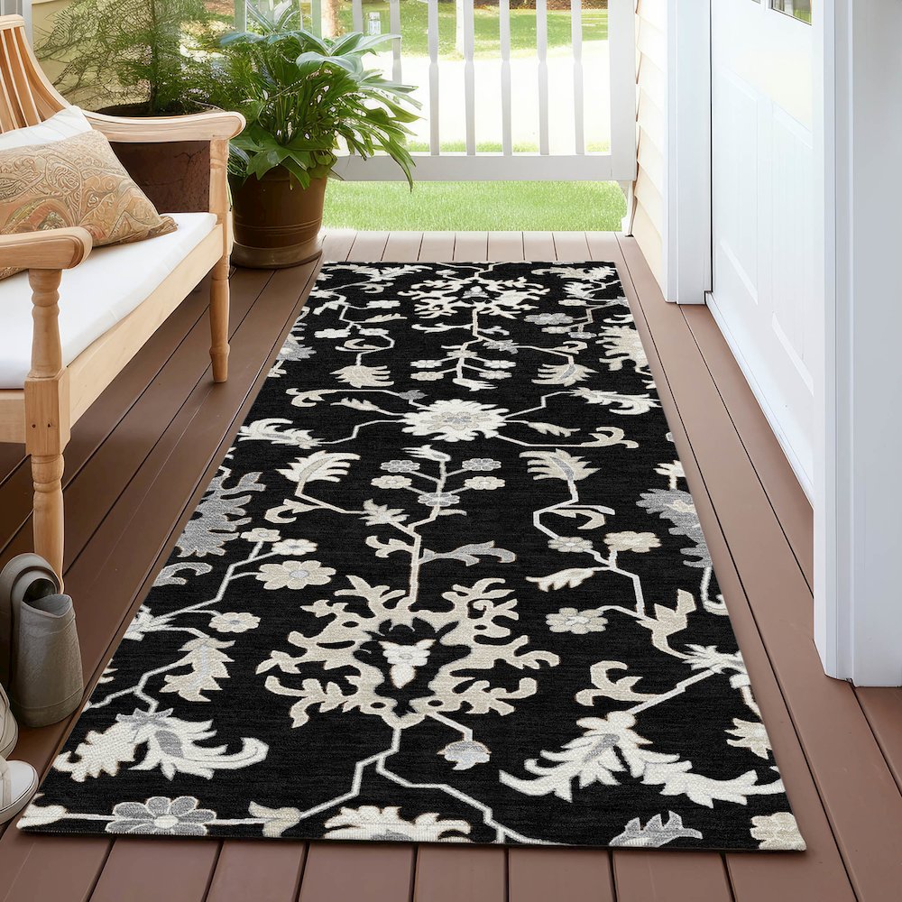 Machine Washable Indoor/Outdoor Chantille Black 2'3" x 7'6" Runner Rug. Picture 6