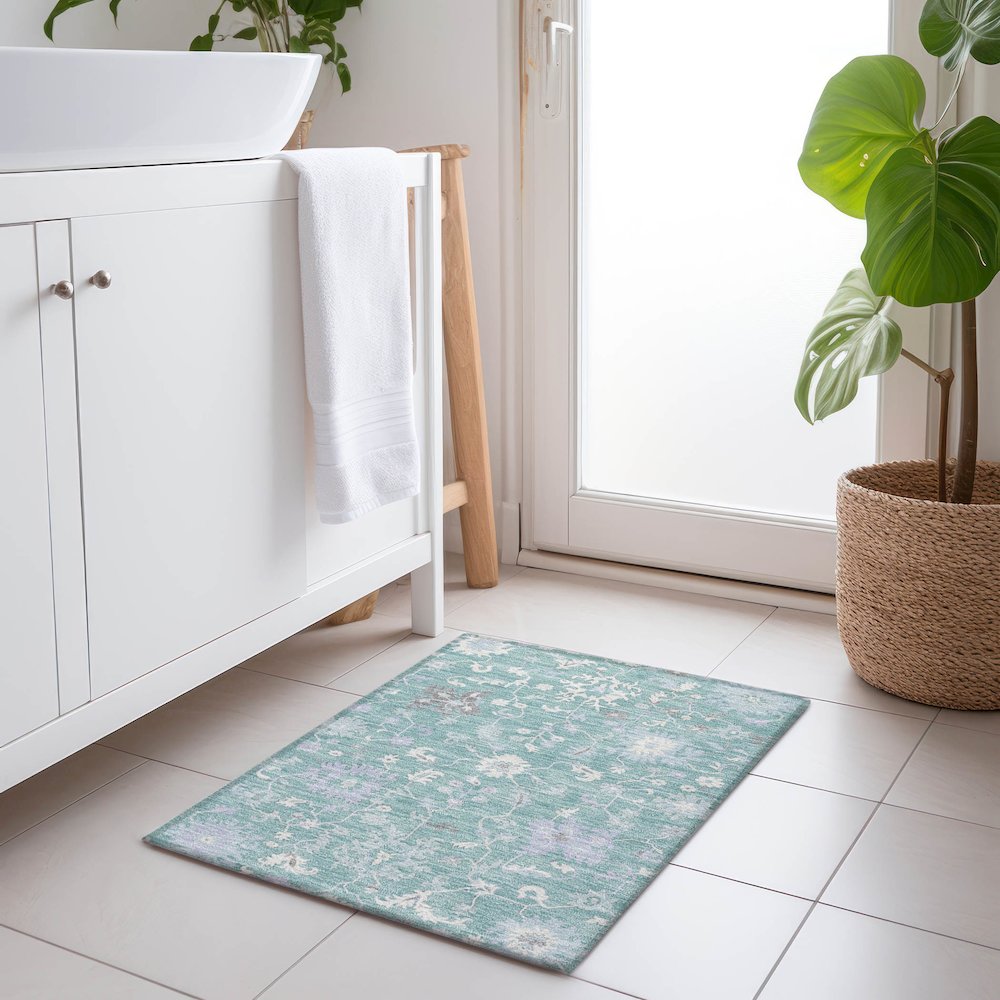 Machine Washable Indoor/Outdoor Chantille Seafoam 1'8" x 2'6" Rug. Picture 5