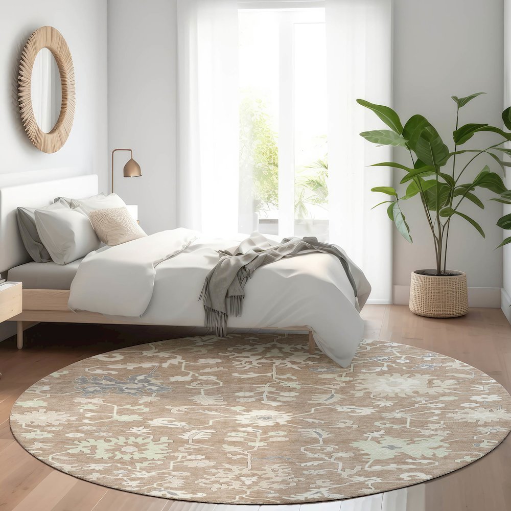 Machine Washable Indoor/Outdoor Chantille Taupe 8' x 8' Round Rug. Picture 5