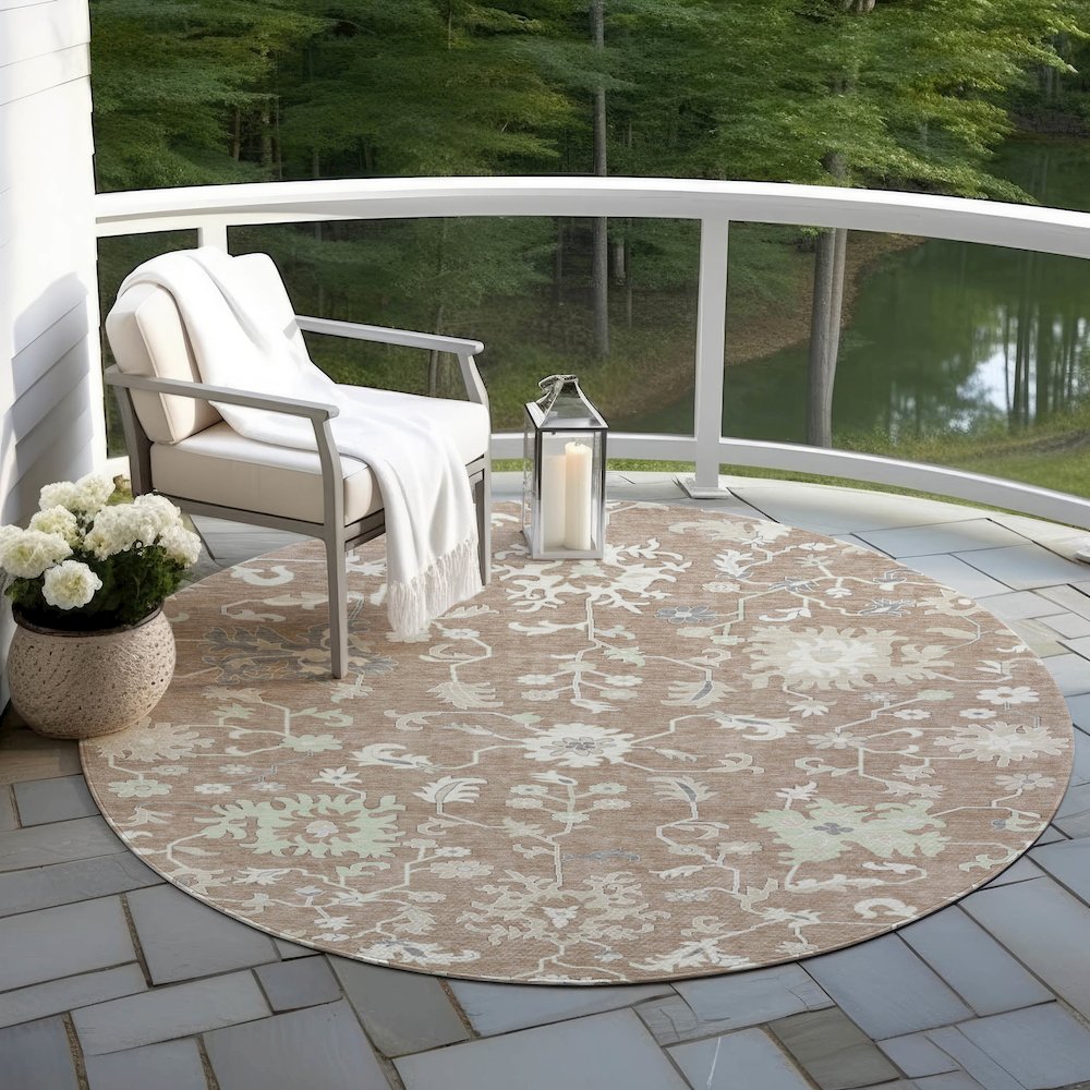 Machine Washable Indoor/Outdoor Chantille Taupe 8' x 8' Round Rug. Picture 6