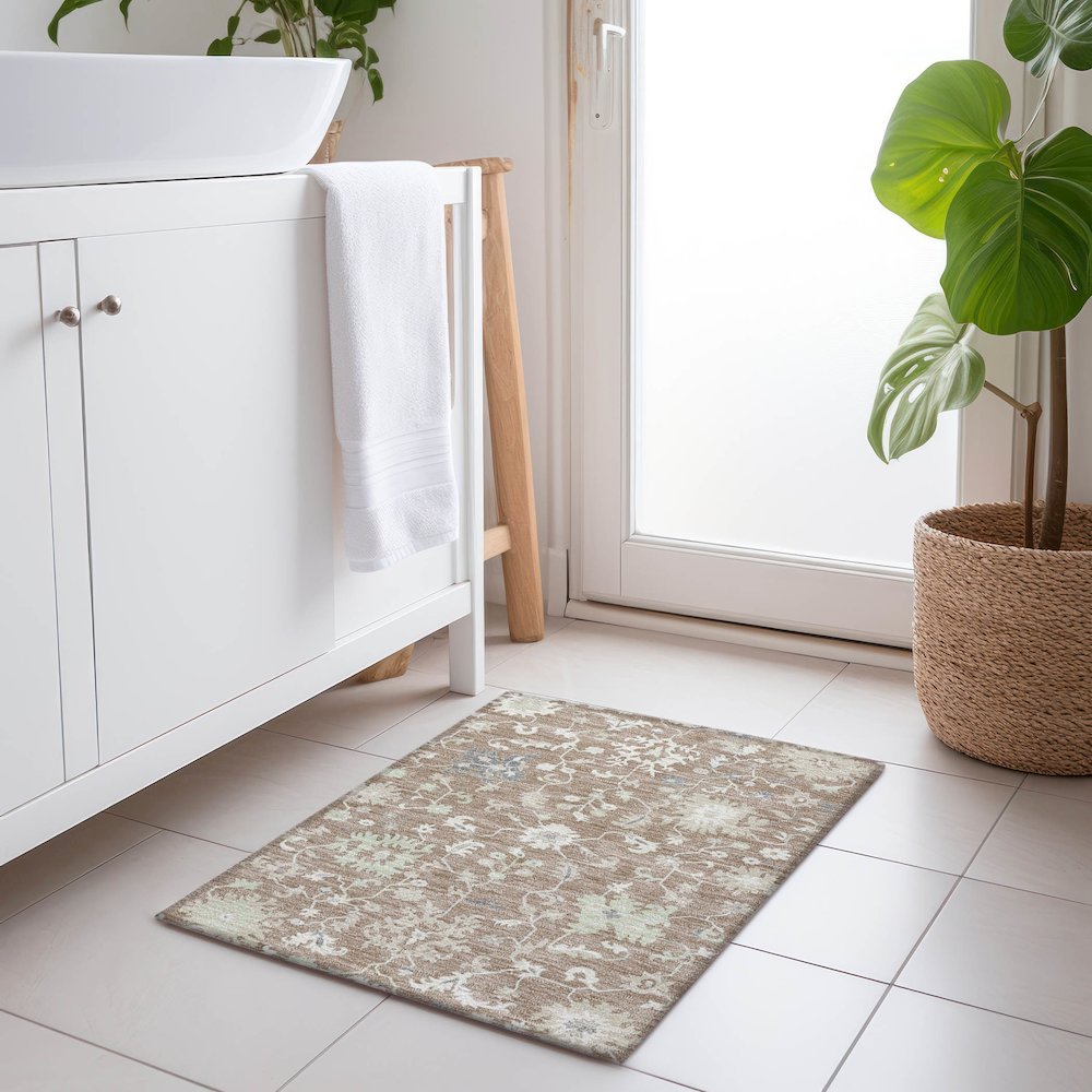 Machine Washable Indoor/Outdoor Chantille Taupe 1'8" x 2'6" Rug. Picture 5