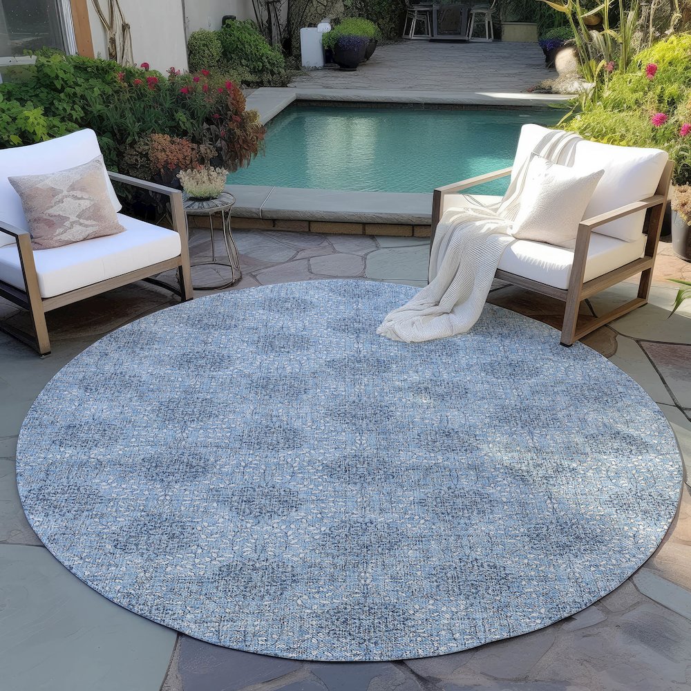 Machine Washable Indoor/Outdoor Chantille Blue 8' x 8' Round Rug. Picture 6