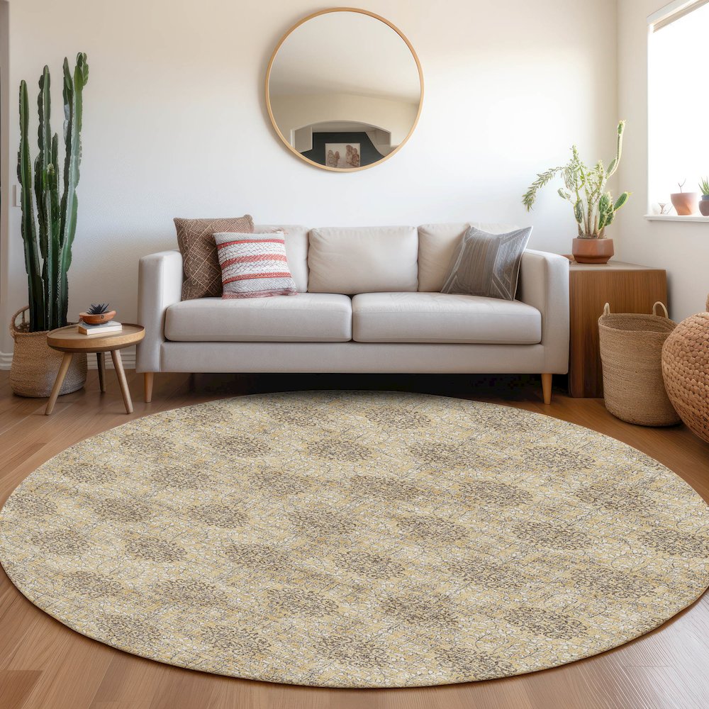 Machine Washable Indoor/Outdoor Chantille Gold 8' x 8' Round Rug. Picture 5