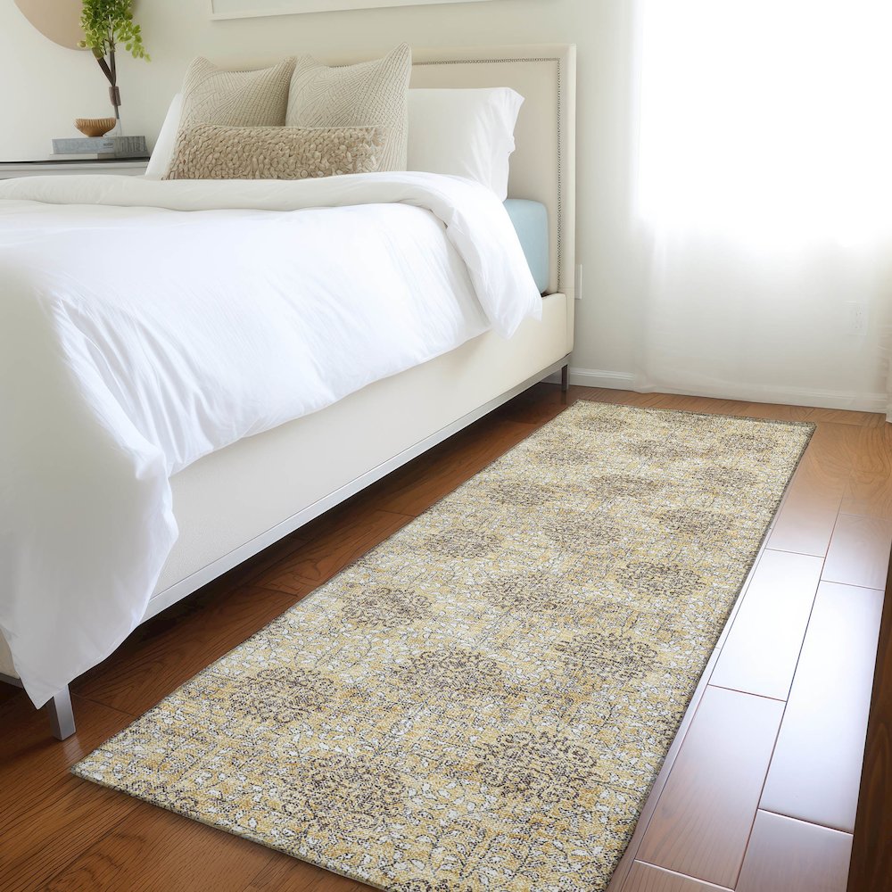 Machine Washable Indoor/Outdoor Chantille Gold 2'3" x 7'6" Runner Rug. Picture 5