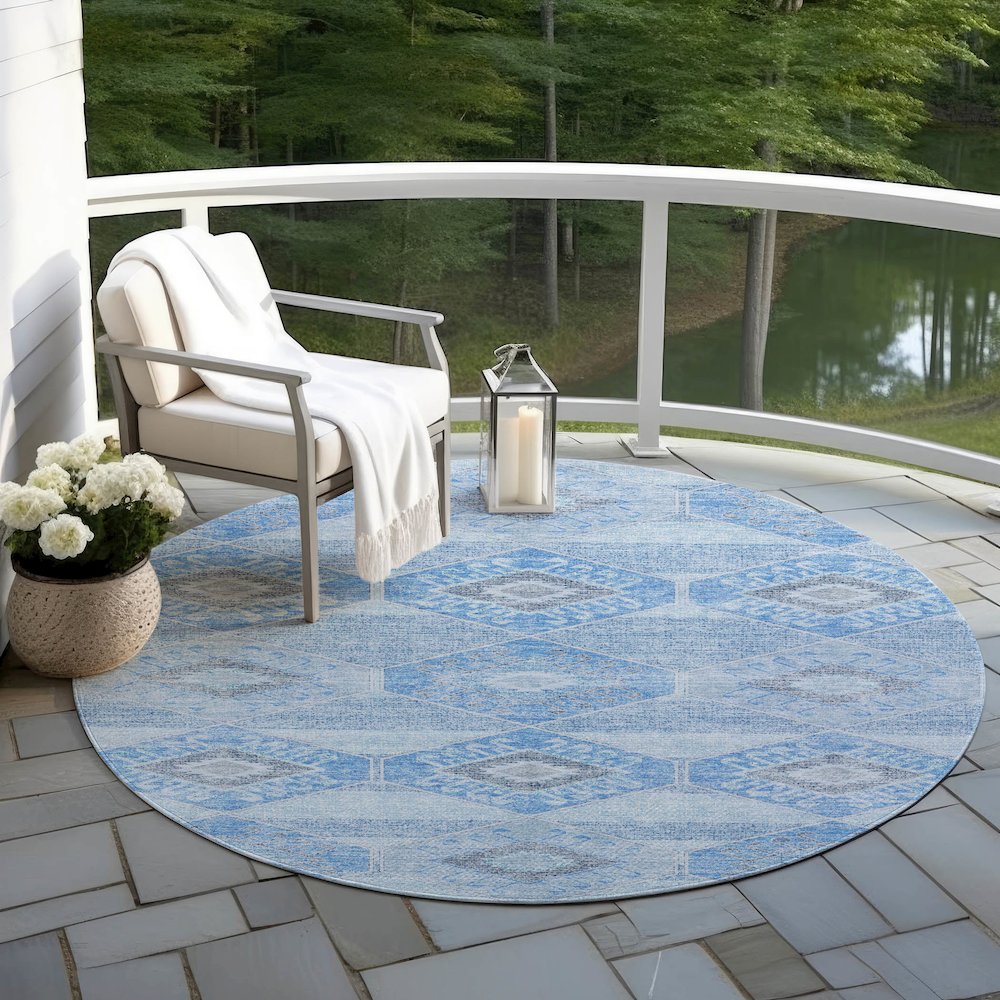 Machine Washable Indoor/Outdoor Chantille Blue 8' x 8' Round Rug. Picture 6
