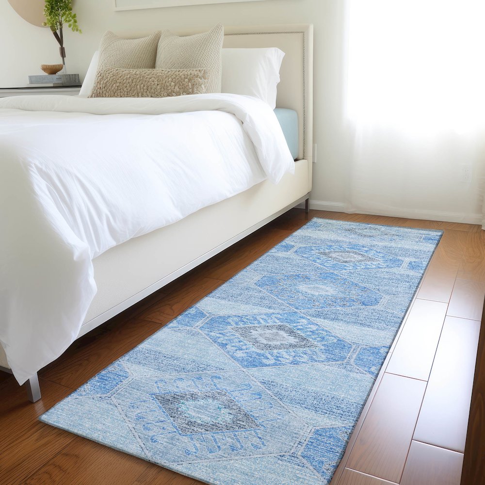 Machine Washable Indoor/Outdoor Chantille Blue 2'3" x 7'6" Runner Rug. Picture 5