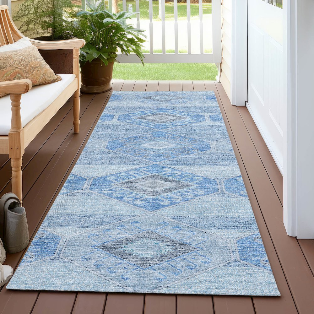 Machine Washable Indoor/Outdoor Chantille Blue 2'3" x 7'6" Runner Rug. Picture 6