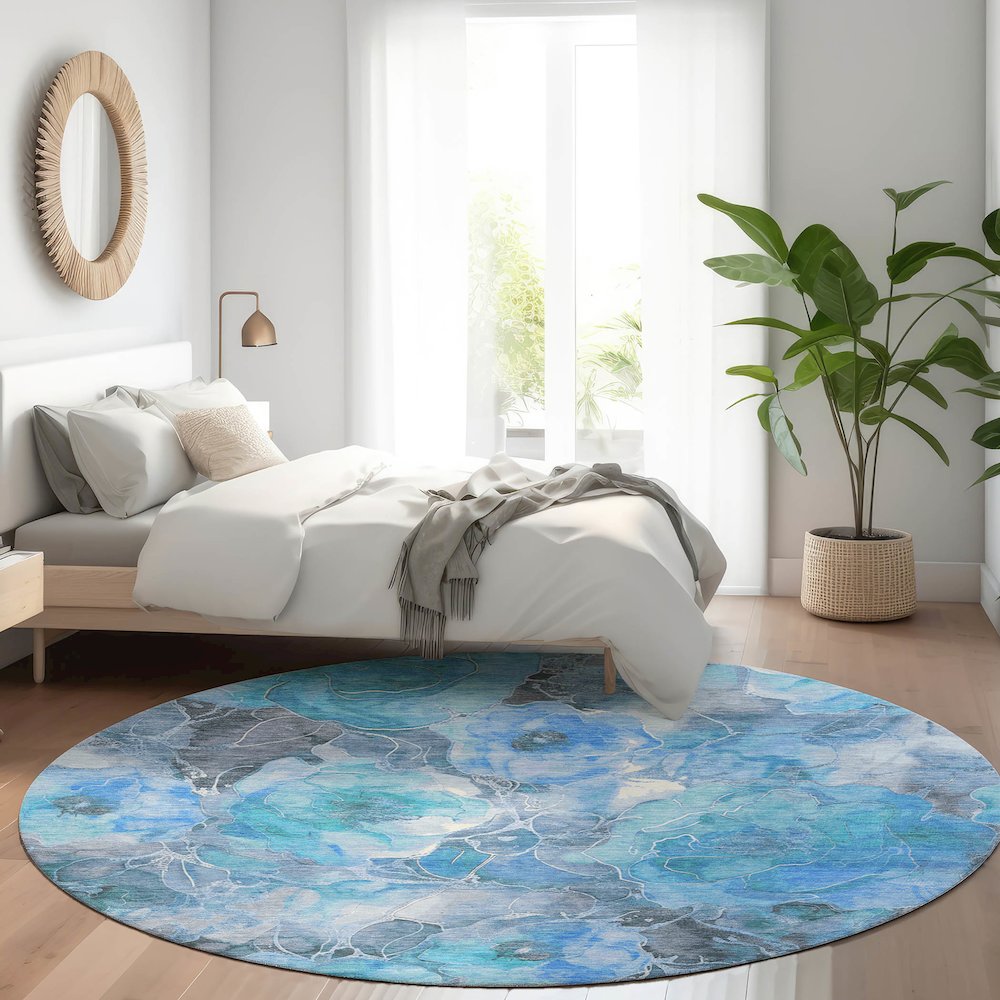 Machine Washable Indoor/Outdoor Chantille Blue 8' x 8' Round Rug. Picture 5