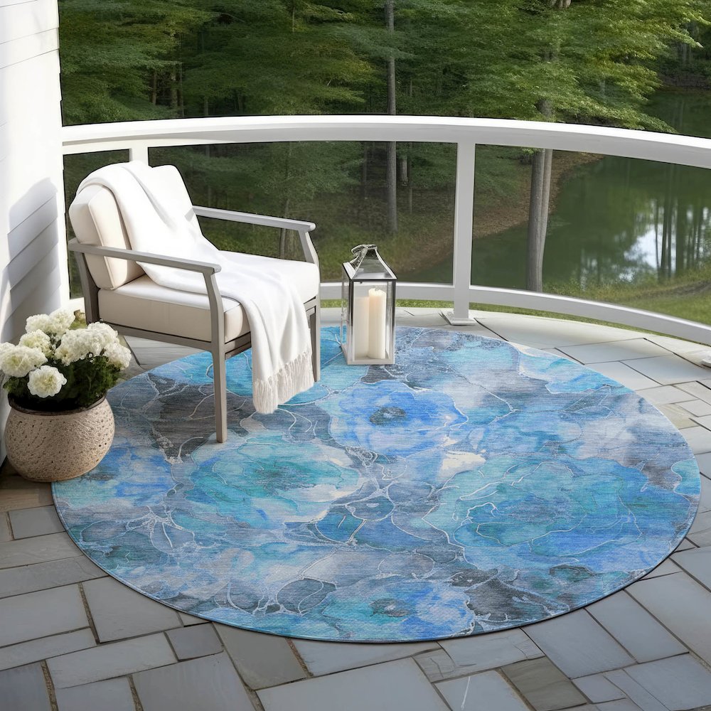 Machine Washable Indoor/Outdoor Chantille Blue 8' x 8' Round Rug. Picture 6