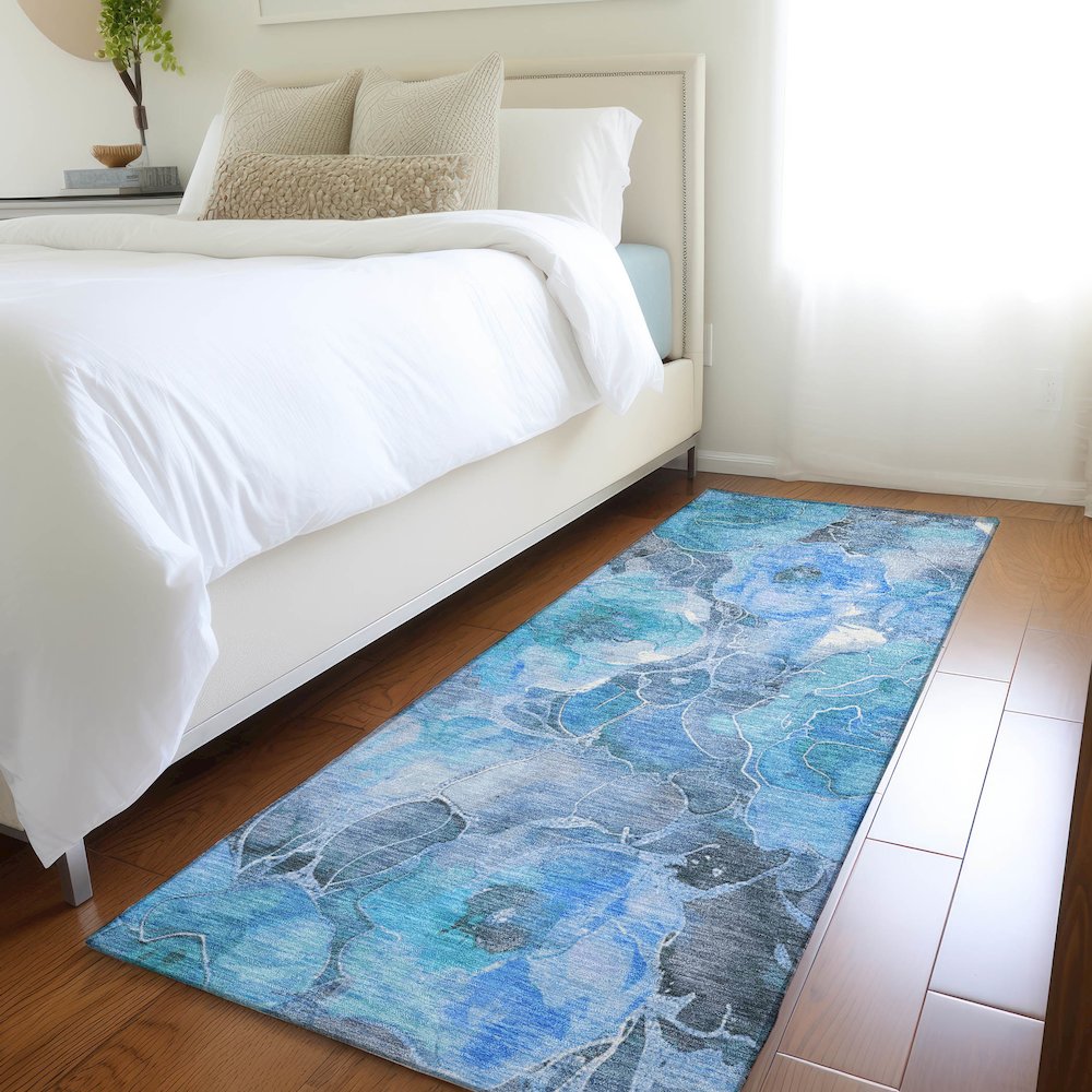 Machine Washable Indoor/Outdoor Chantille Blue 2'3" x 7'6" Runner Rug. Picture 5