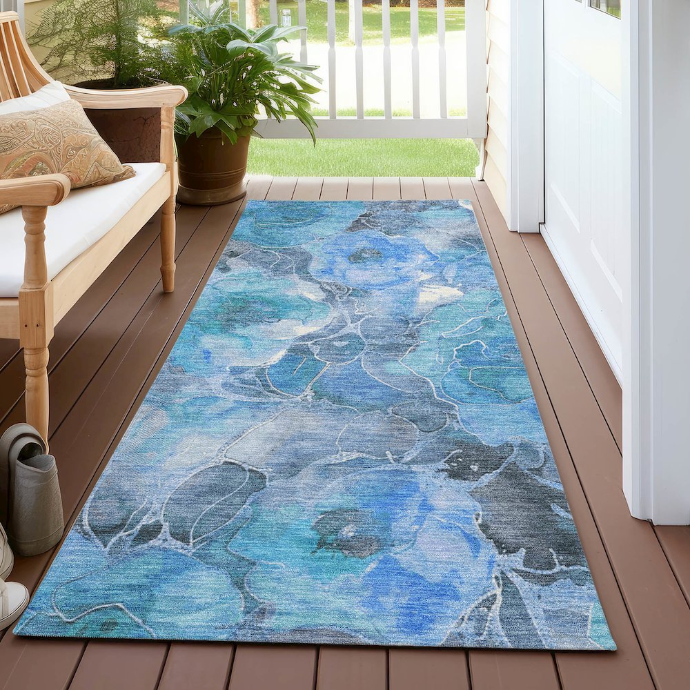 Machine Washable Indoor/Outdoor Chantille Blue 2'3" x 7'6" Runner Rug. Picture 6
