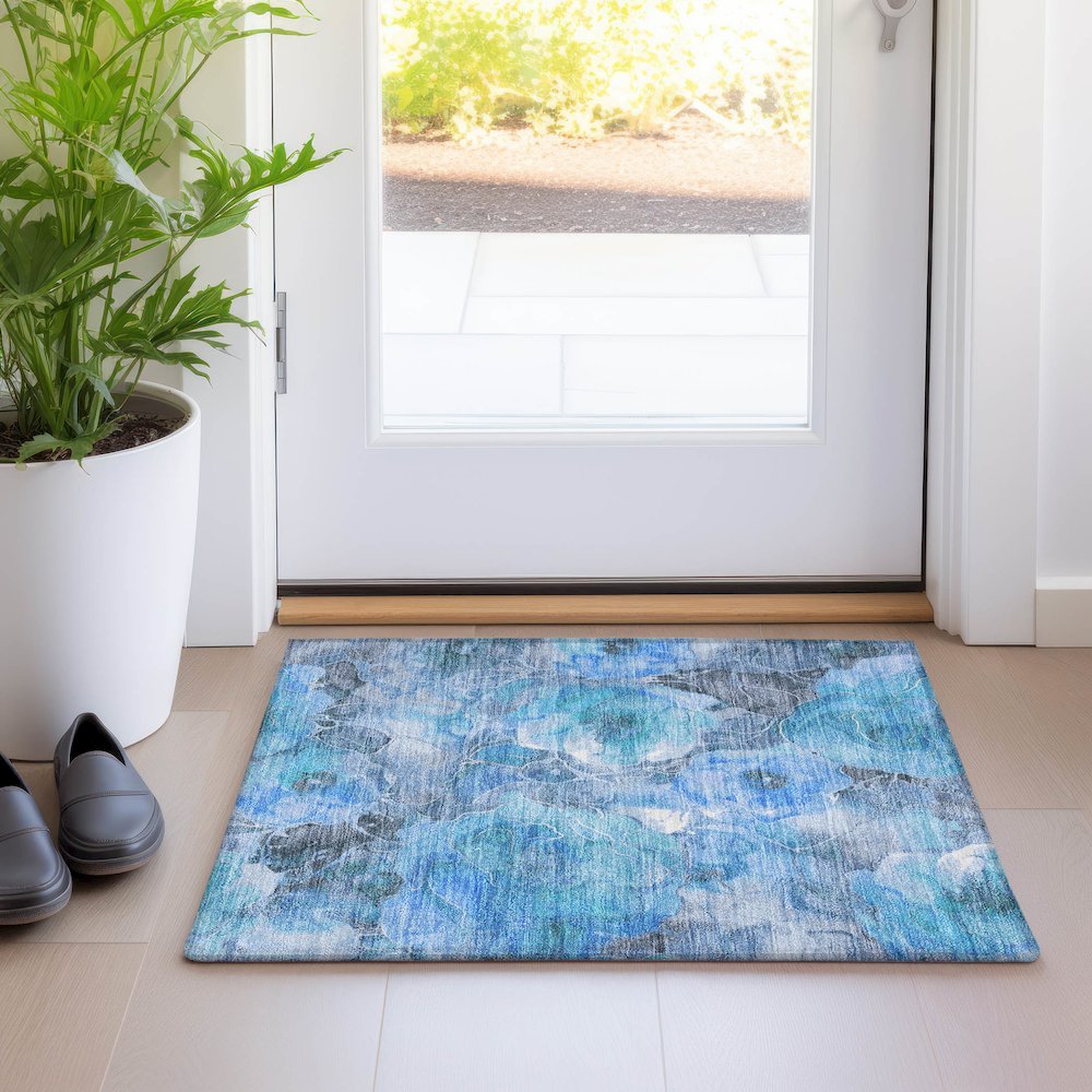 Machine Washable Indoor/Outdoor Chantille Blue 1'8" x 2'6" Rug. Picture 5