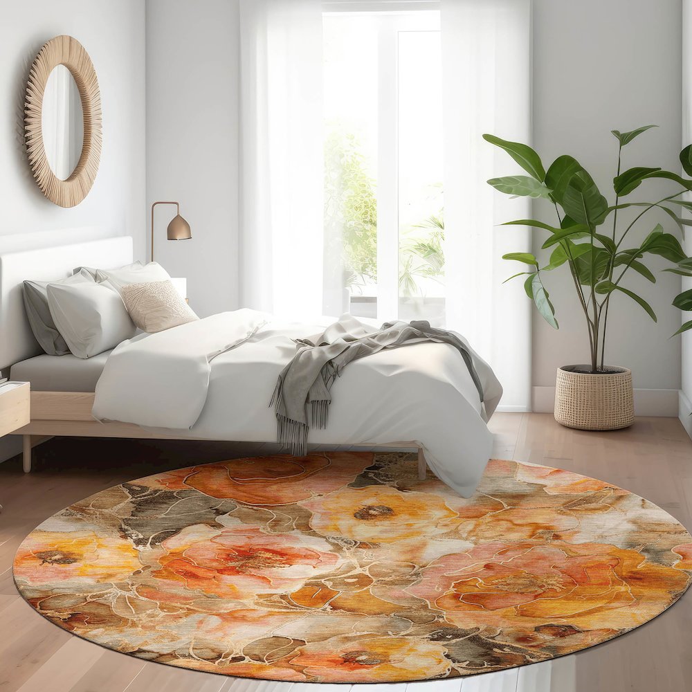 Machine Washable Indoor/Outdoor Chantille Orange 8' x 8' Round Rug. Picture 5