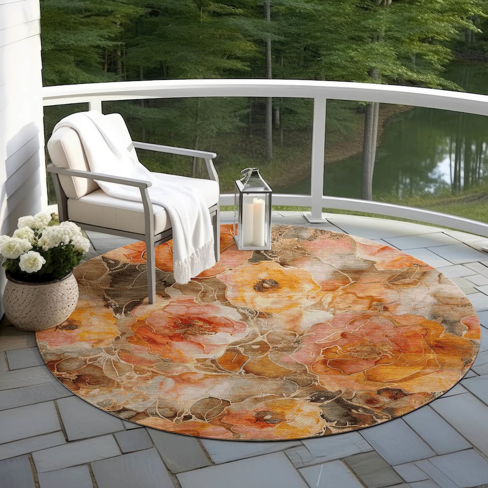 Machine Washable Indoor/Outdoor Chantille Orange 8' x 8' Round Rug. Picture 6