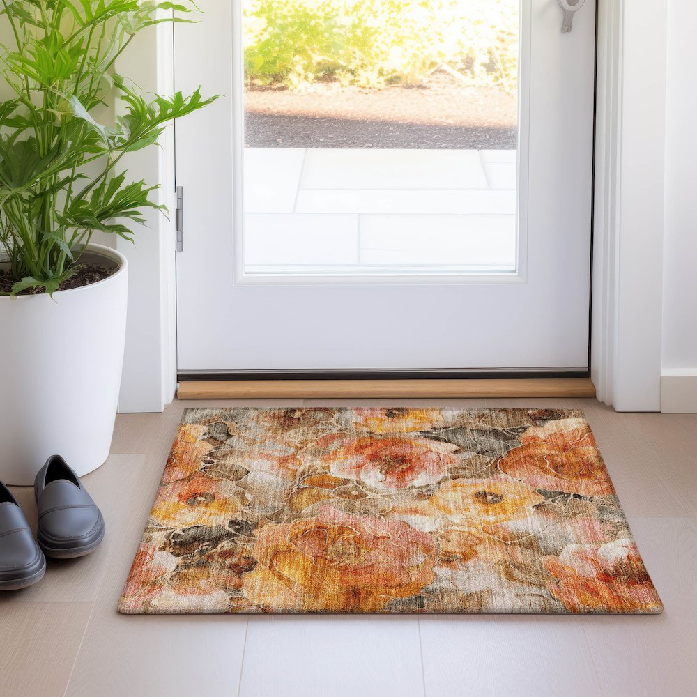 Machine Washable Indoor/Outdoor Chantille Orange 1'8" x 2'6" Rug. Picture 5