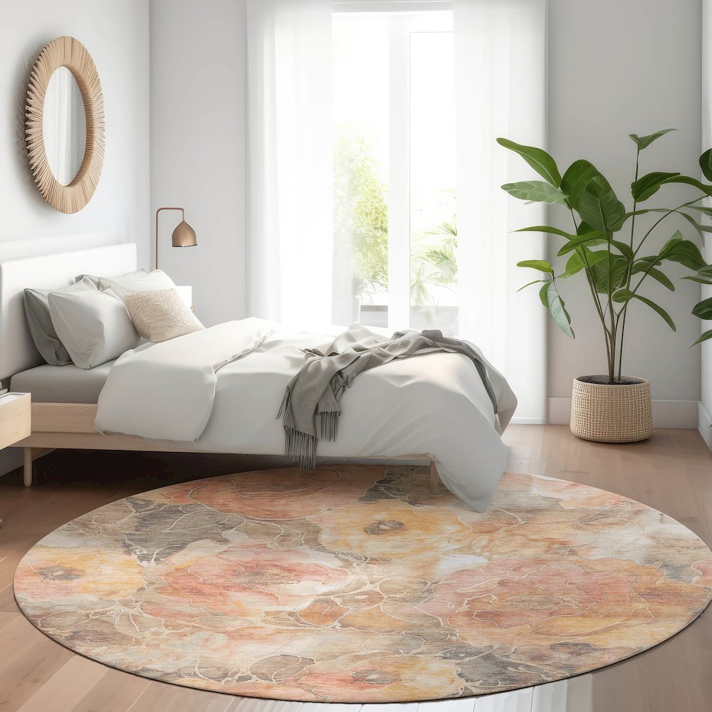 Machine Washable Indoor/Outdoor Chantille Peach 8' x 8' Round Rug. Picture 5