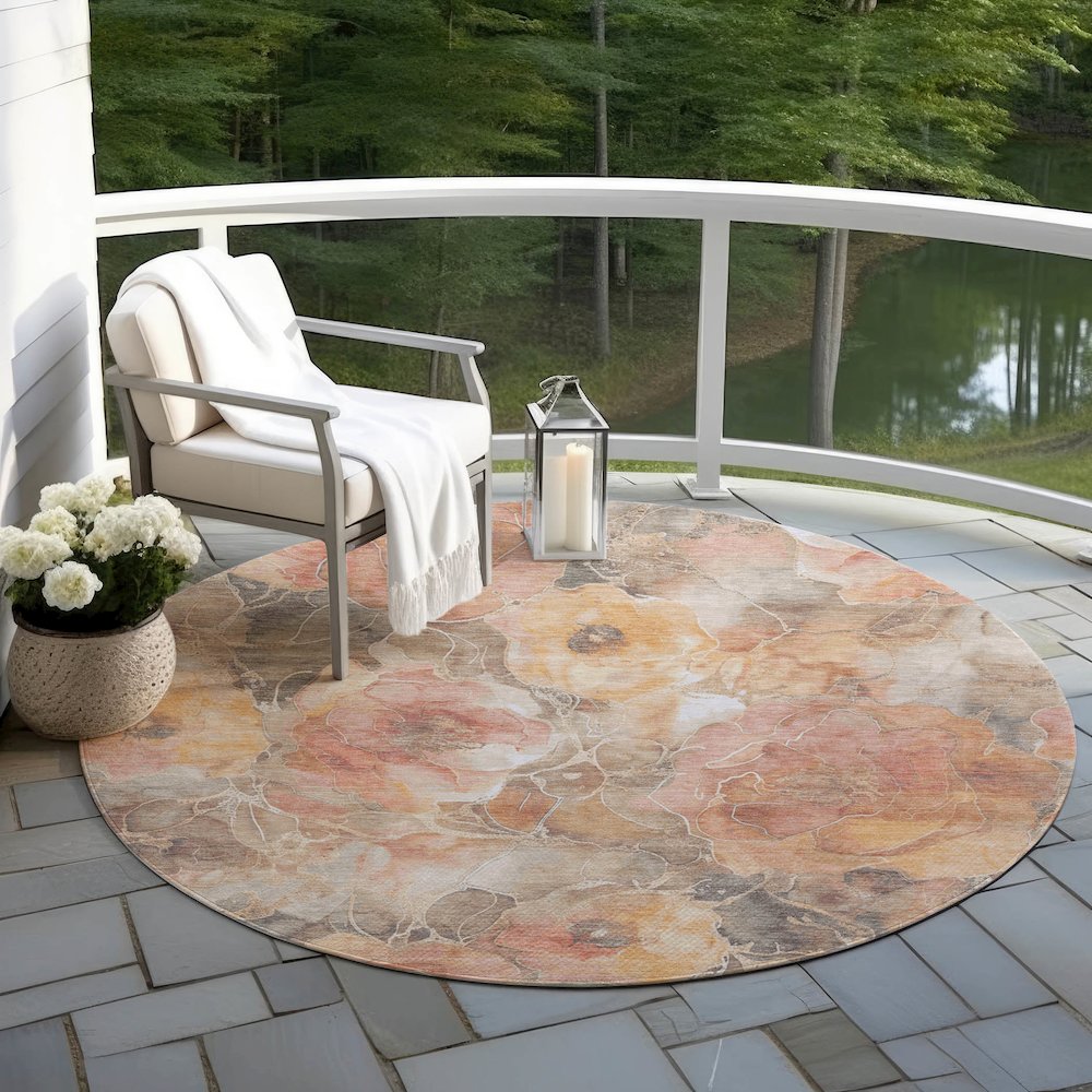 Machine Washable Indoor/Outdoor Chantille Peach 8' x 8' Round Rug. Picture 6