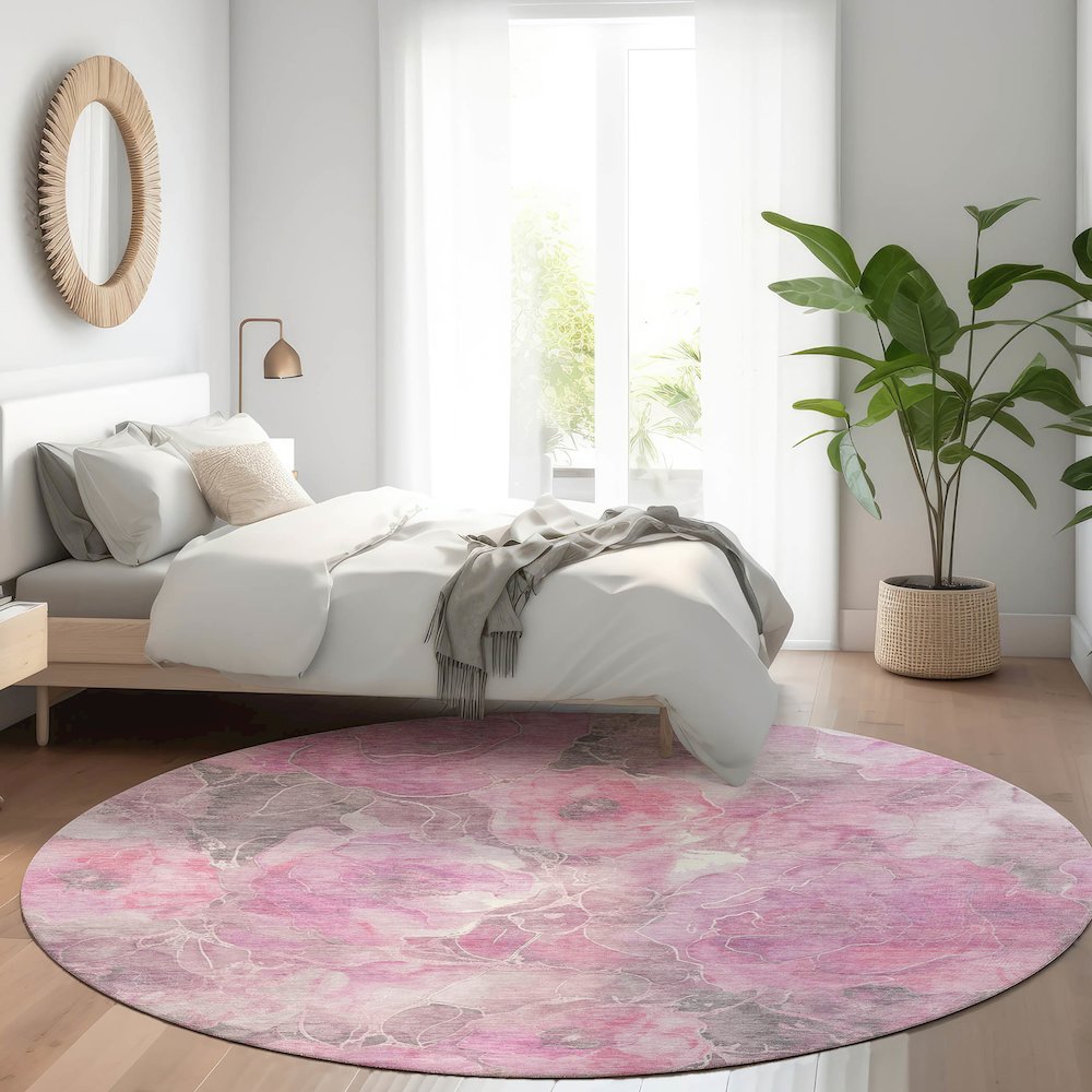 Machine Washable Indoor/Outdoor Chantille Pink 8' x 8' Round Rug. Picture 5