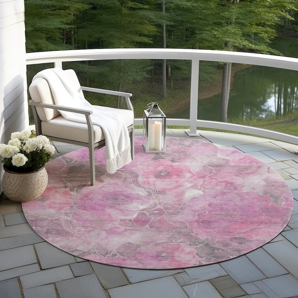 Machine Washable Indoor/Outdoor Chantille Pink 8' x 8' Round Rug. Picture 6