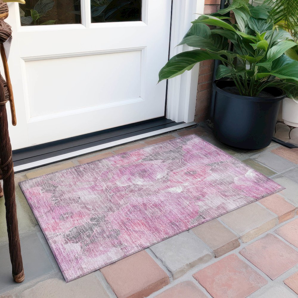 Machine Washable Indoor/Outdoor Chantille Pink 1'8" x 2'6" Rug. Picture 6