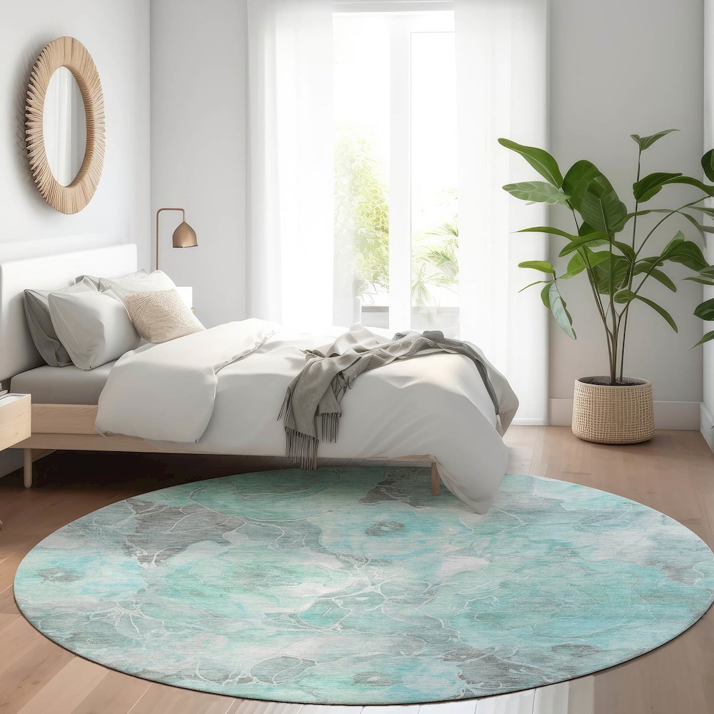 Machine Washable Indoor/Outdoor Chantille Teal 8' x 8' Round Rug. Picture 5