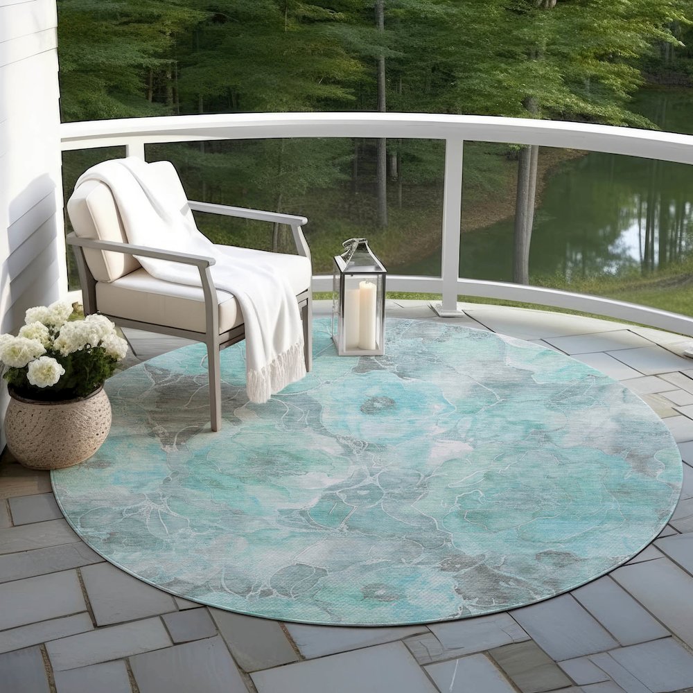 Machine Washable Indoor/Outdoor Chantille Teal 8' x 8' Round Rug. Picture 6