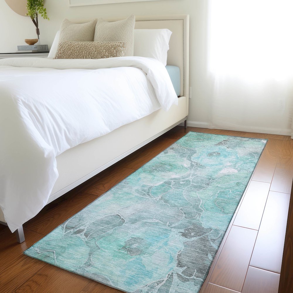 Machine Washable Indoor/Outdoor Chantille Teal 2'3" x 7'6" Runner Rug. Picture 5