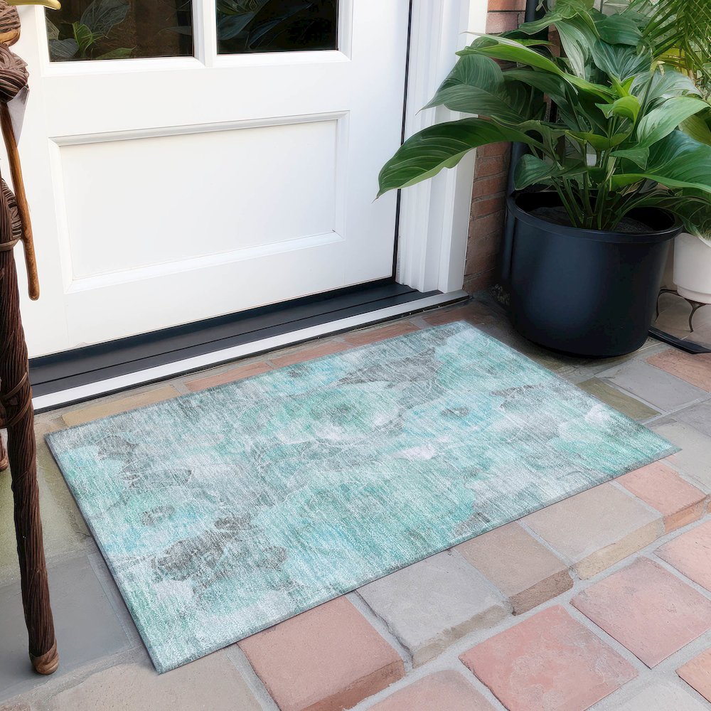 Machine Washable Indoor/Outdoor Chantille Teal 1'8" x 2'6" Rug. Picture 6