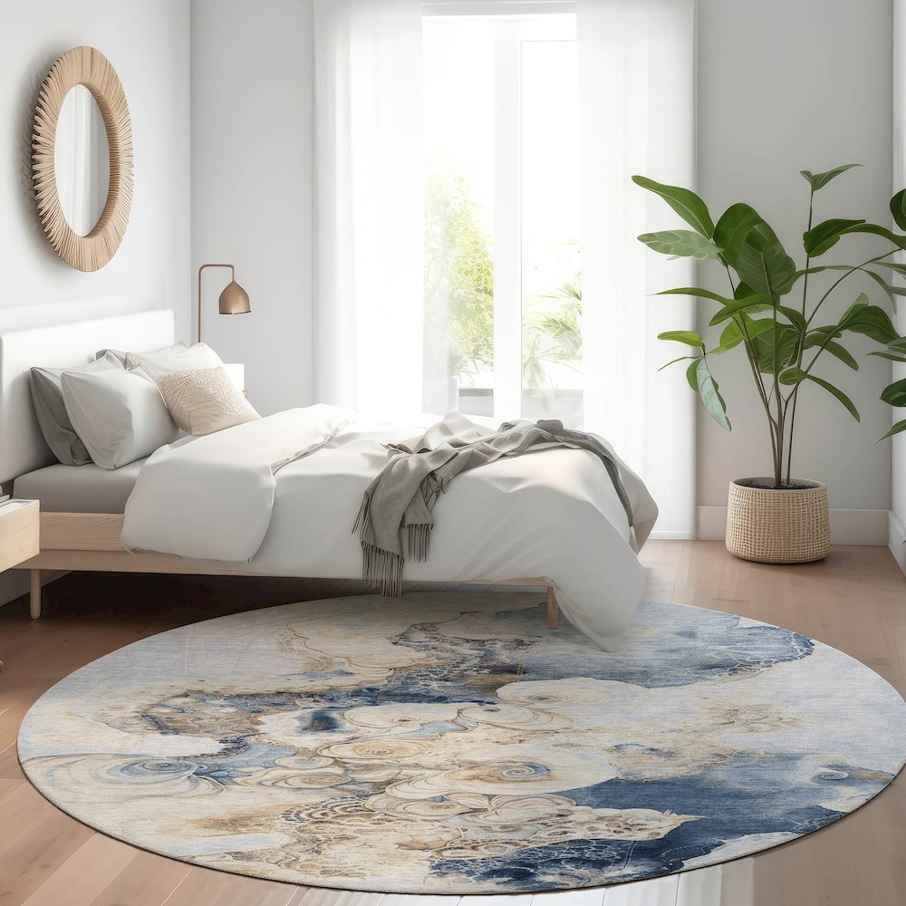 Machine Washable Indoor/Outdoor Chantille Denim 8' x 8' Round Rug. Picture 5