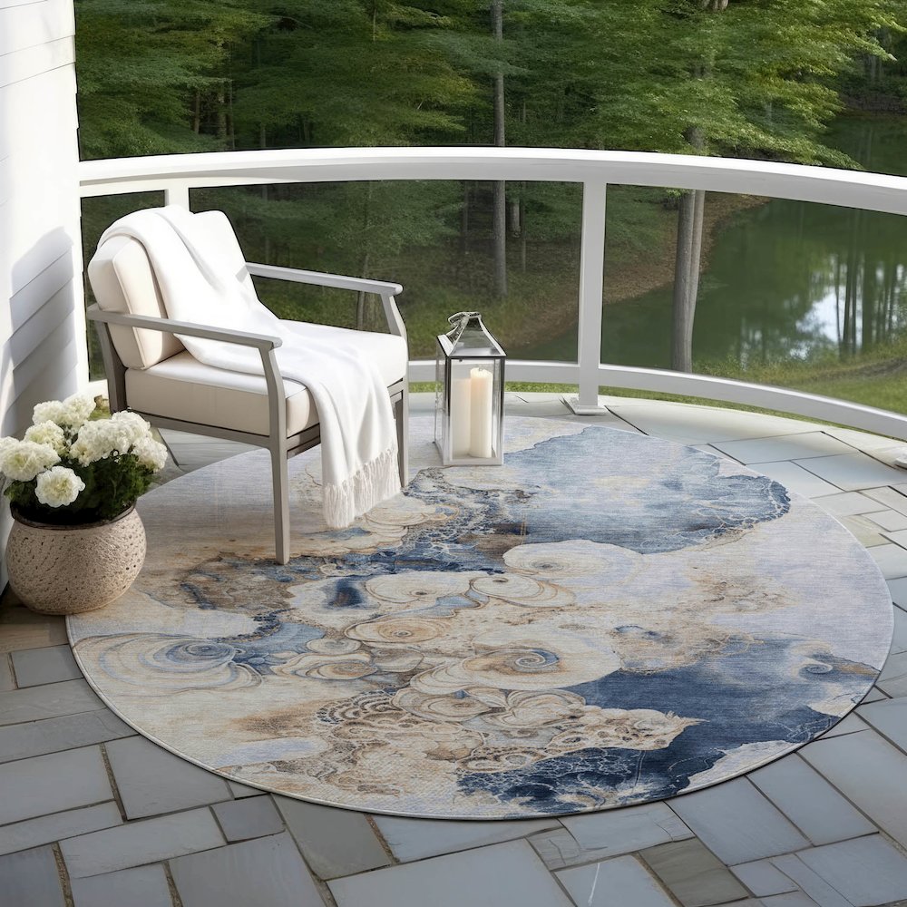 Machine Washable Indoor/Outdoor Chantille Denim 8' x 8' Round Rug. Picture 6