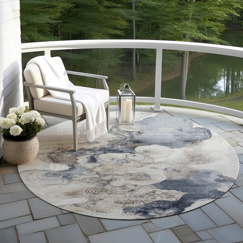Machine Washable Indoor/Outdoor Chantille Ivory 8' x 8' Round Rug. Picture 6