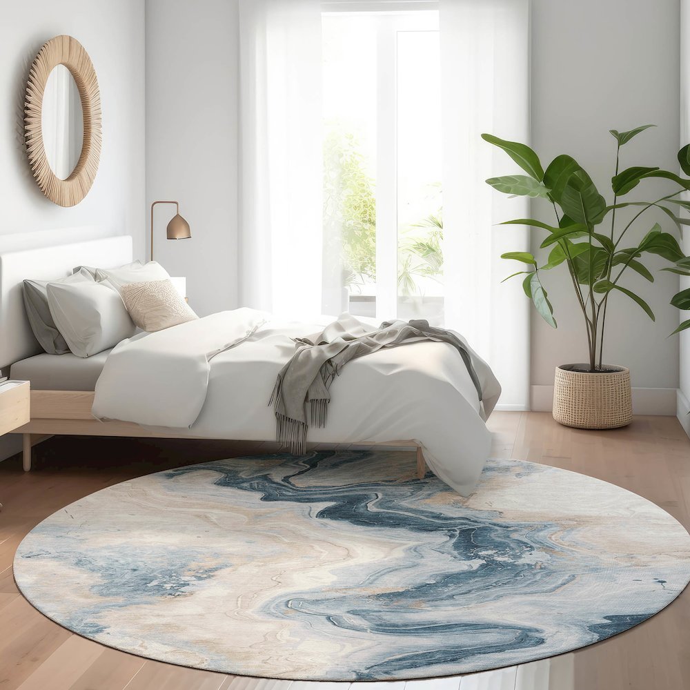 Machine Washable Indoor/Outdoor Chantille Beige 8' x 8' Round Rug. Picture 5