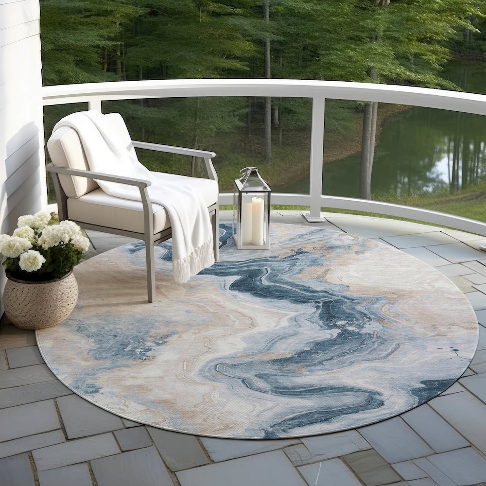 Machine Washable Indoor/Outdoor Chantille Beige 8' x 8' Round Rug. Picture 6