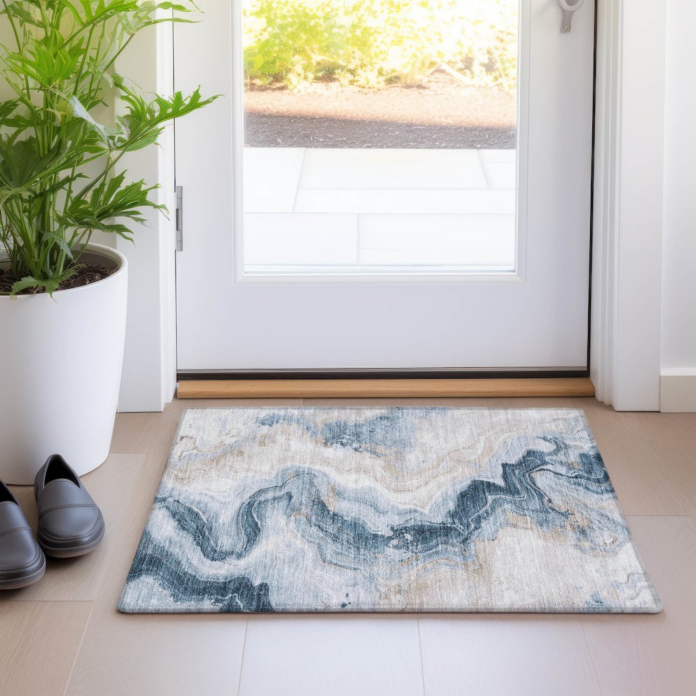 Machine Washable Indoor/Outdoor Chantille Beige 1'8" x 2'6" Rug. Picture 5