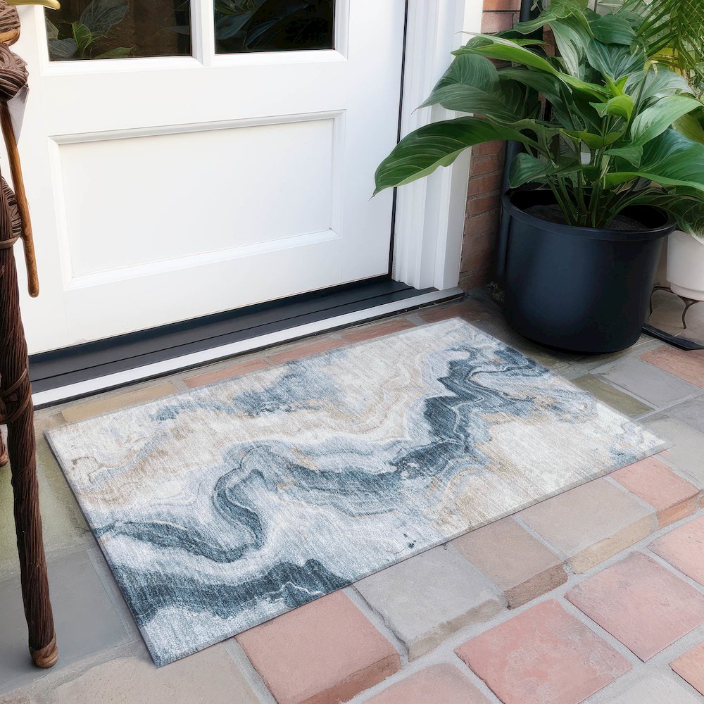 Machine Washable Indoor/Outdoor Chantille Beige 1'8" x 2'6" Rug. Picture 6