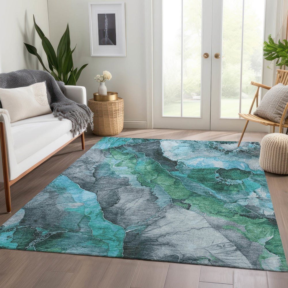 Machine Washable Indoor/Outdoor Chantille Teal 2'6" x 3'10" Rug. Picture 6